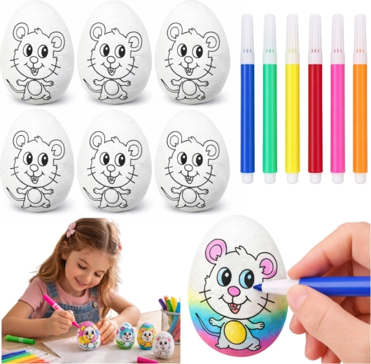 Œufs de Pâques en polystyrène à colorier avec des feutres et un motif de petite souris - 6 pièces