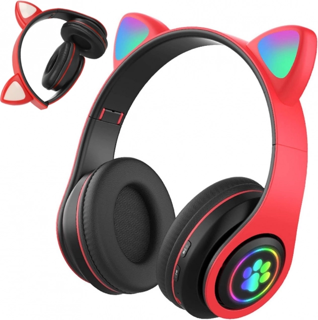 Casque sans fil avec oreilles de chat LED, Bluetooth et radio FM – rouge