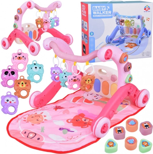 tapis d’éveil éducatif 3-en-1 avec trotteur pousseur, piano et jouets suspendus