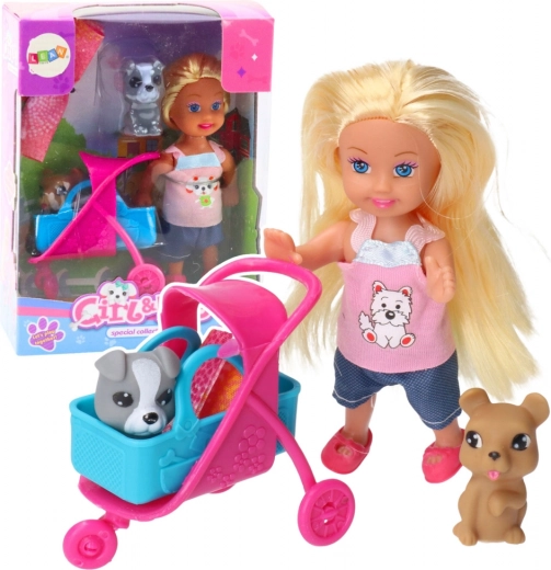 Set avec mini poupée, landau et petits chiens