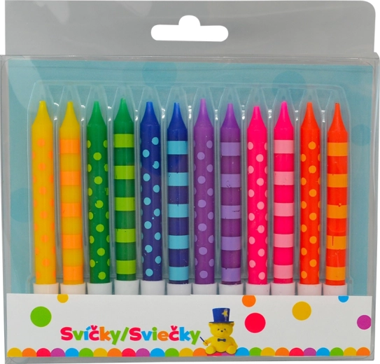 Bougies d’anniversaire 8 cm à pois et rayures, 12 pcs