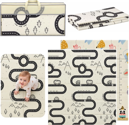 Tapis de jeu pliable double face en mousse, Route et ourson, 180 × 200 cm