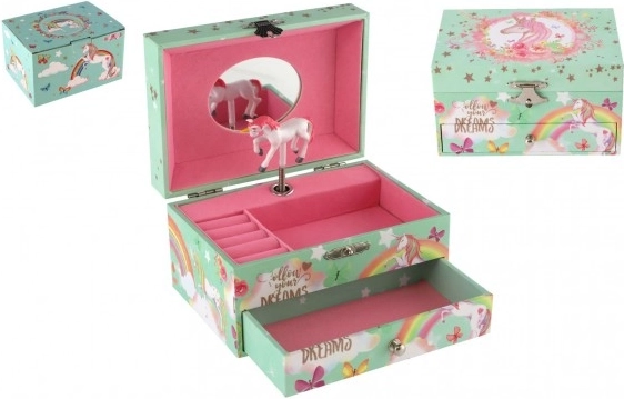 Boîte à musique porte-bijoux à remontoir avec licorne, coffret musical avec miroir et tiroir 16 × 10 × 12 cm