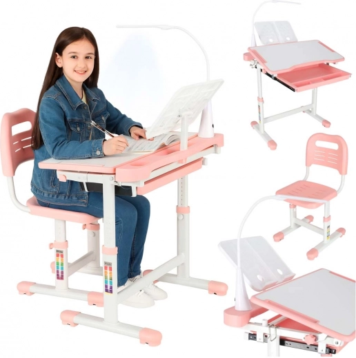 Bureau évolutif pour enfant avec chaise et lampe LED, rose