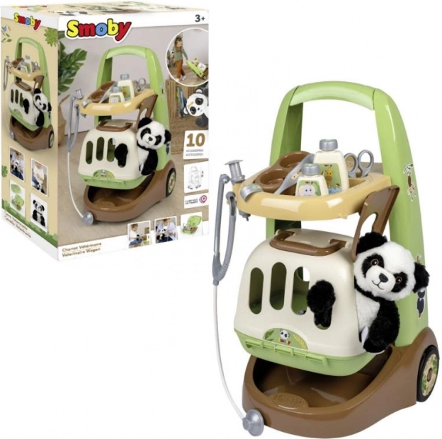 Smoby chariot de vétérinaire avec panda et caisse de transport 2-en-1