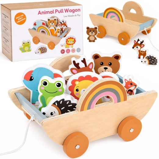 Chariot à tirer en bois avec 7 petits animaux