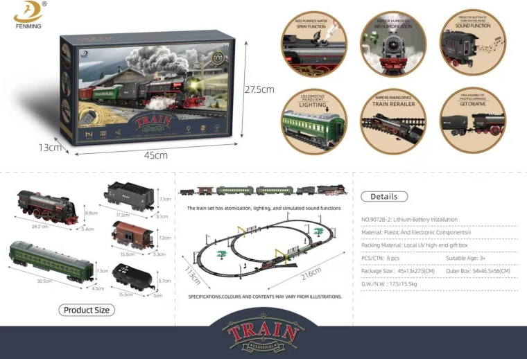 Circuit de train rétro avec fumée, sons et lumières, 216 × 113 cm