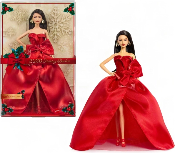 Mattel Barbie Signature poupée de collection de Noël 2026 aux cheveux noirs en robe rouge