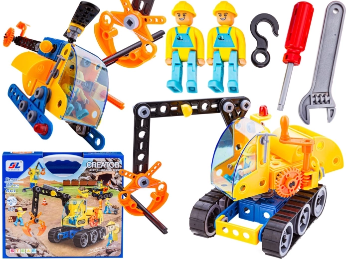 Jeu de construction 6 en 1 – engins et véhicules de chantier (voiture, grue, hélicoptère)