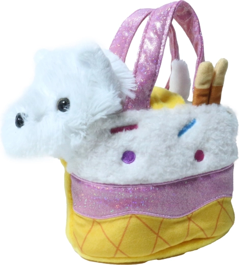 Petit chien blanc en peluche dans un sac à main en forme de glace, 15 cm