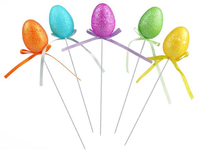 Œufs de Pâques décoratifs scintillants sur pique, 5 pcs