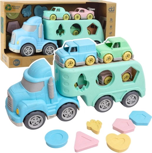 Ensemble camion porte-voitures pastel avec petites voitures et boîte de tri en plastique recyclé