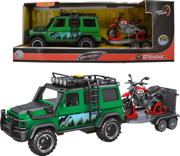 City Service Car véhicule de garde forestière avec remorque et moto 1:14 avec sons et lumières