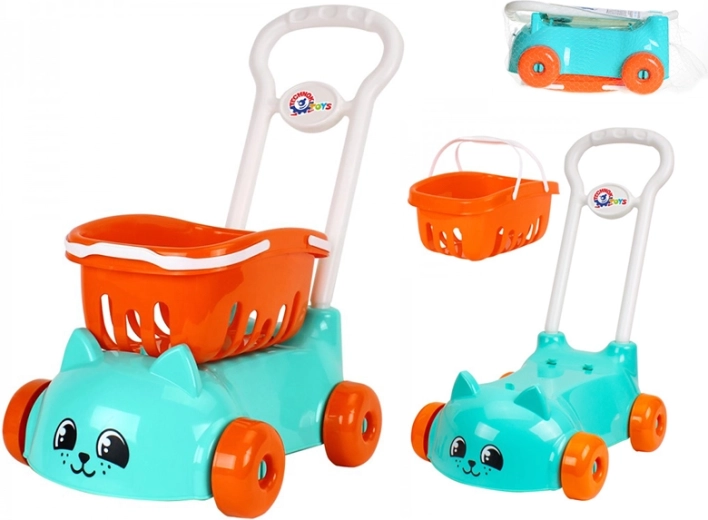 Chariot de courses pour enfants turquoise avec motif de chat et panier amovible