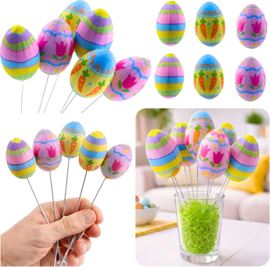 Œufs décoratifs de Pâques sur tige métallique avec motifs de carottes et de tulipes - 6 pièces