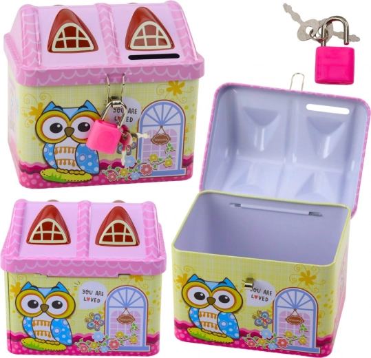 Tirelire métallique Maisonette hibou avec clé rose