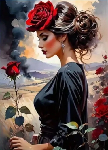 Peinture diamant – Femme à la rose 30 × 40 cm