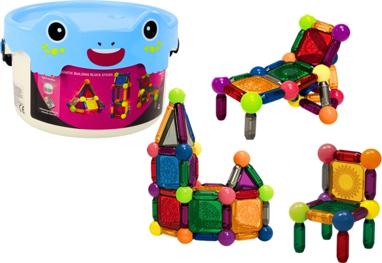 Jeu de construction magnétique avec éclairage dans un seau de 80 pièces
