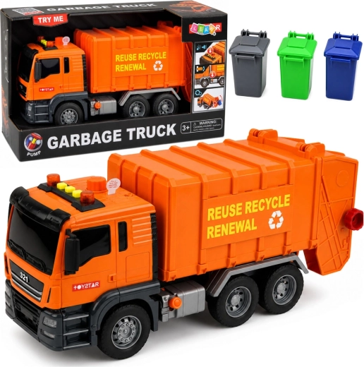 Camion poubelle pour enfants avec lumières et sons et 3 bacs, orange