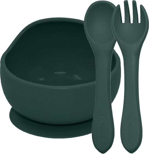 Set de repas en silicone avec ventouse Misty Green (bol + couverts) 6m+