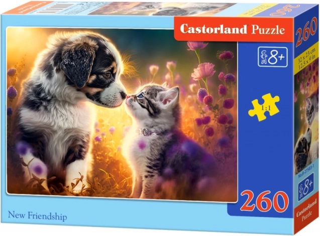 Puzzle 260 pièces – chaton et chiot : une nouvelle amitié