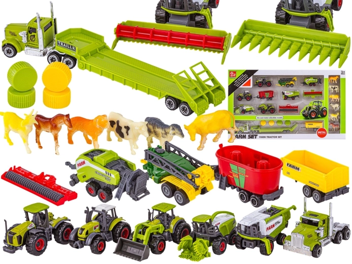 Ensemble de machines agricoles pour la ferme avec tracteurs, moissonneuse-batteuse et animaux