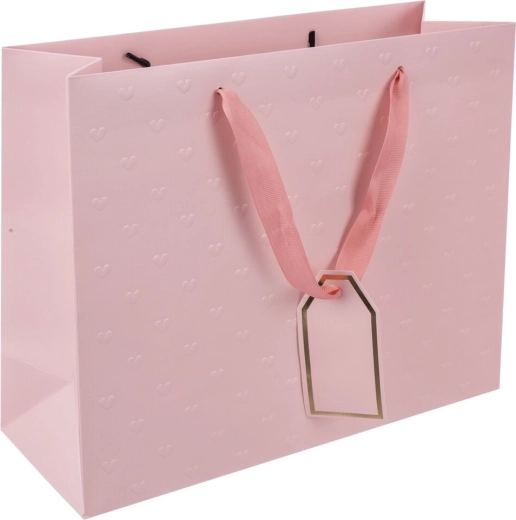 Sac cadeau en papier rose avec cœurs en relief 31 × 12 × 26 cm