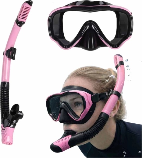 Ensemble de snorkeling rose‑noir avec masque panoramique et tuba sec