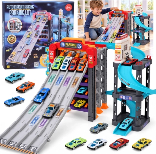 Circuit de voitures et garage de stationnement à 5 niveaux 4-en-1 avec spirale, lanceur et station-service + 8 voitures