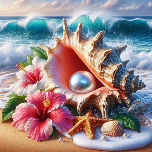 Peinture par numéros Belle coquille avec perle sur le rivage 40 × 50 cm