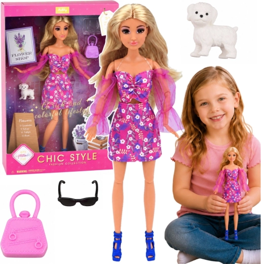 Poupée mode Anlily en robe rose avec petit chien et accessoires 30 cm