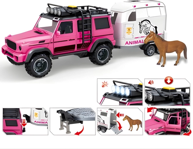 Voiture, remorque et figurine de cheval réunies dans un seul set