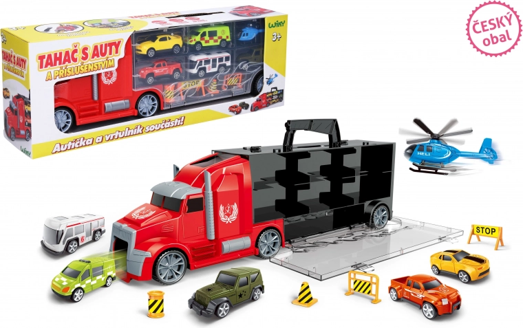 Camion porte-voitures avec petites voitures et hélicoptère 42 cm