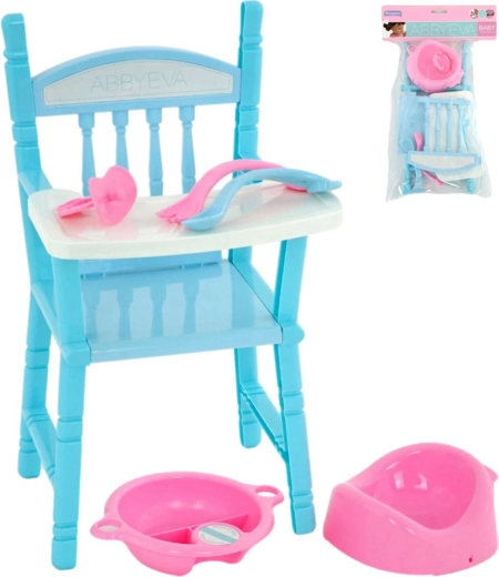 Chaise haute pour poupée avec set d’accessoires (pot, tétine, vaisselle)