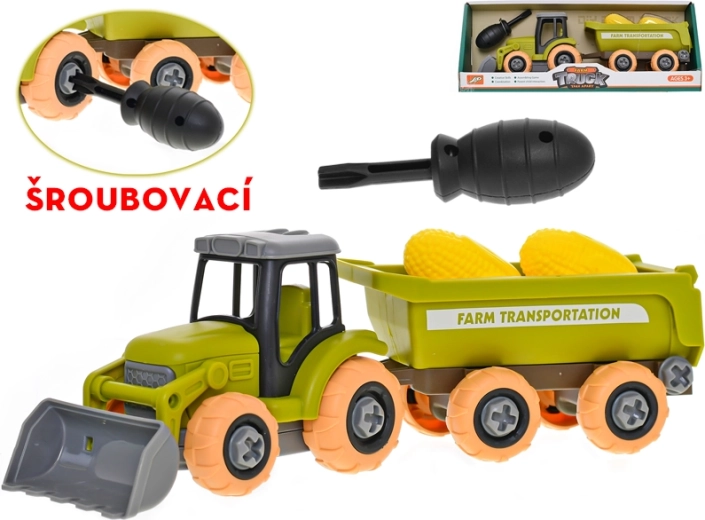 Tracteur avec mécanisme à vis, remorque et maïs 28 cm