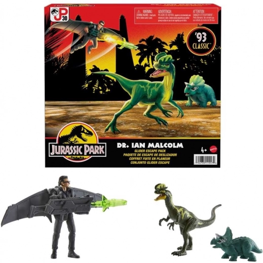 Jurassic World – set de figurines Ian Malcolm avec compagnons dinosaures et planeur