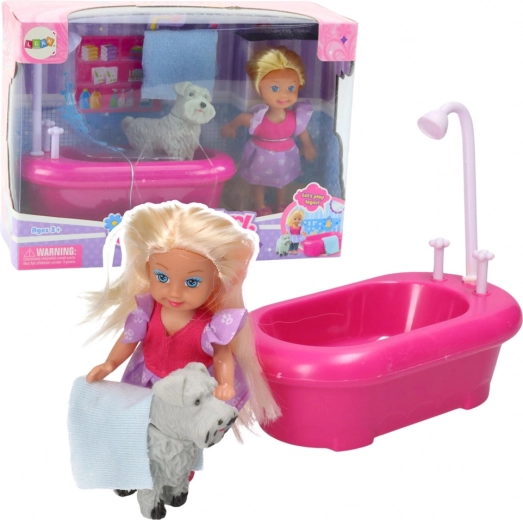 Mini set poupée avec baignoire et petit chien blanc