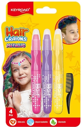Craies pour cheveux Keyroad Metallic Shine – rose, violet et jaune, avec peigne