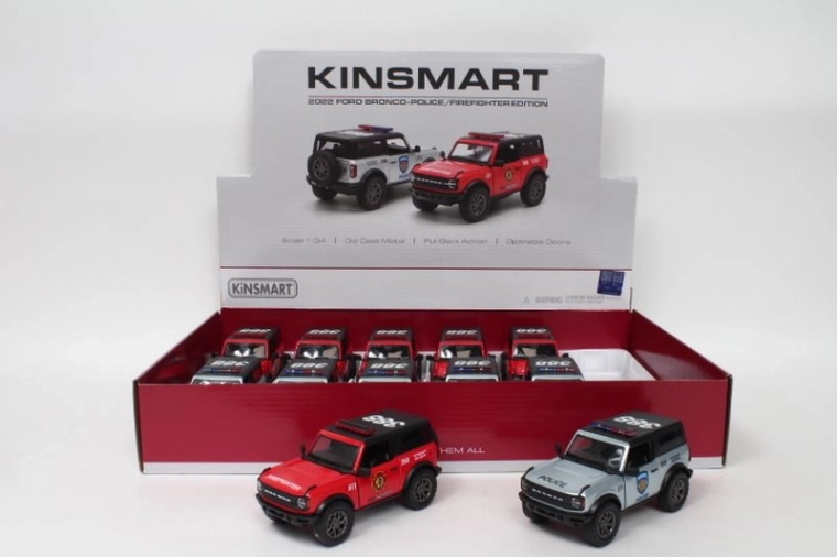 Ford Bronco voiture de police ou de pompiers 1:34 avec portes ouvrantes et propulsion pull-back