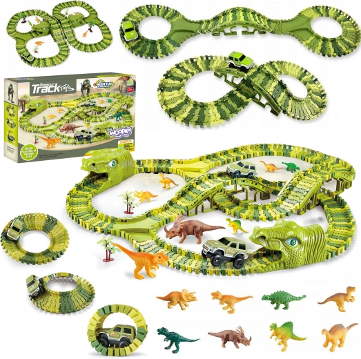 piste de course géante aux dinosaures avec petite voiture et figurines