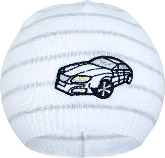 Bonnet tricoté de printemps New Baby avec petite voiture blanc/gris clair