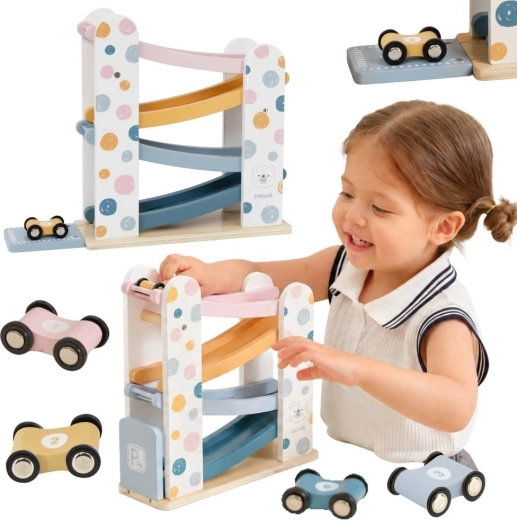 Circuit de voitures en bois avec toboggan PolarB et 4 petites voitures