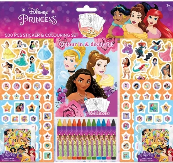 Disney Princesses – set d’autocollants avec cahier de coloriage et crayons de cire (500 pcs)