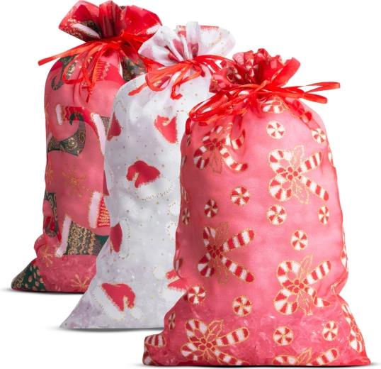 Sachets cadeaux en organza avec motif de Noël 20 × 30 cm, 12 pièces