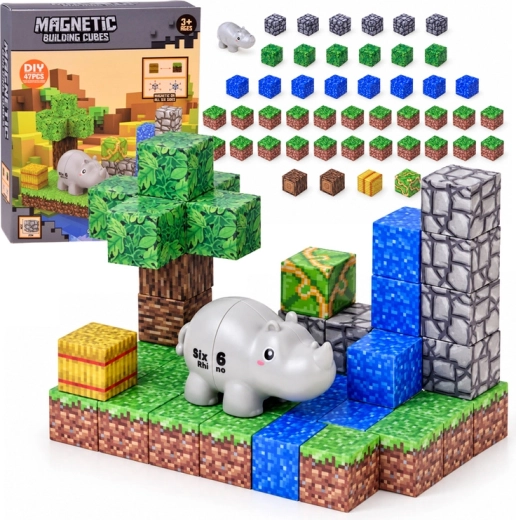 Blocs de construction magnétiques avec rhinocéros, 47 pièces