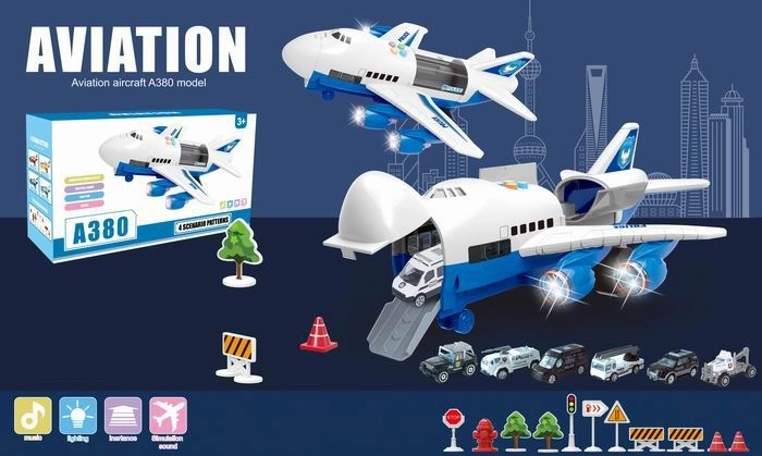 Avion A380 avec voitures de police et effets lumineux et sonores