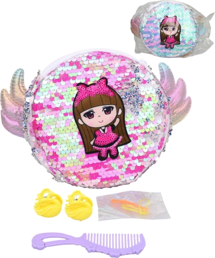 Sac à main enfant en sequins et trousse cosmétique avec accessoires de coiffure 20 × 15 cm - 1 pièce