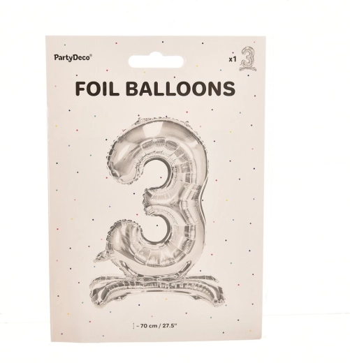 Ballon en aluminium sur pied chiffre 3 argenté 70 cm