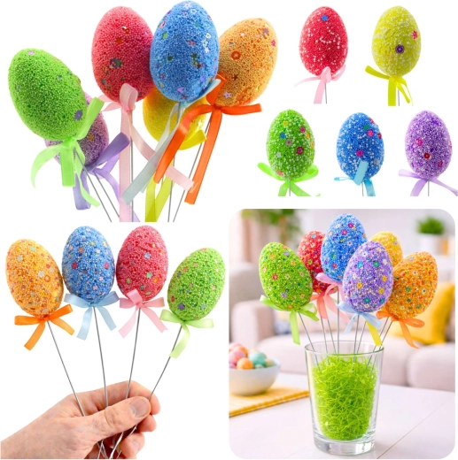 Œufs de Pâques sur fil métallique avec motifs colorés et ruban - 6 pièces