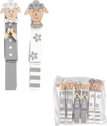 Pinces décoratives en bois motif mouton 9 cm, 6 pcs